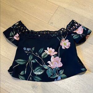 KEEPSAKE the Label Navy Off-Shoulder Floral Crop Top with Pink Blooms